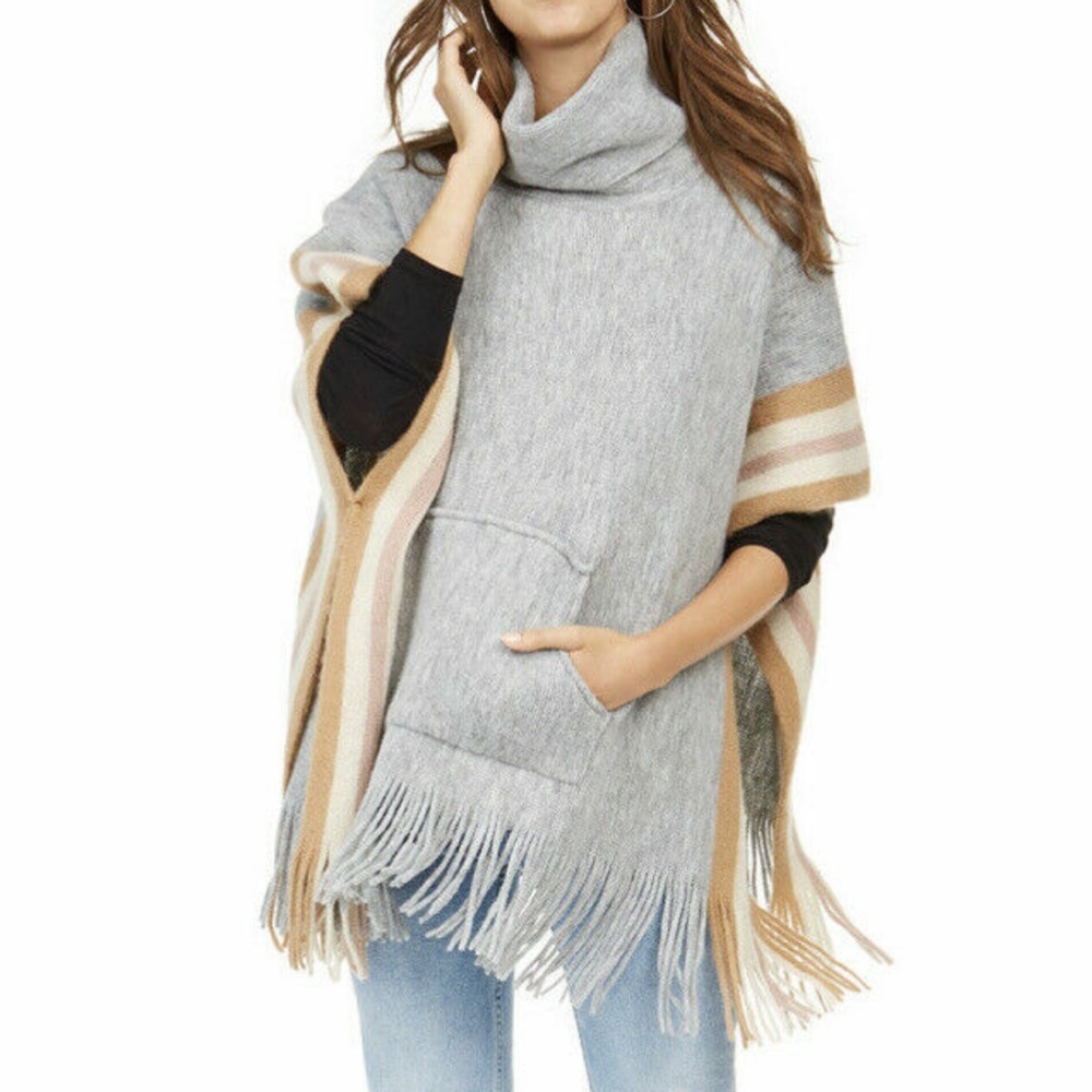 Steve Madden cowl-neck fringe sweater poncho W/kangaroo pocket Gray w/stripes OS